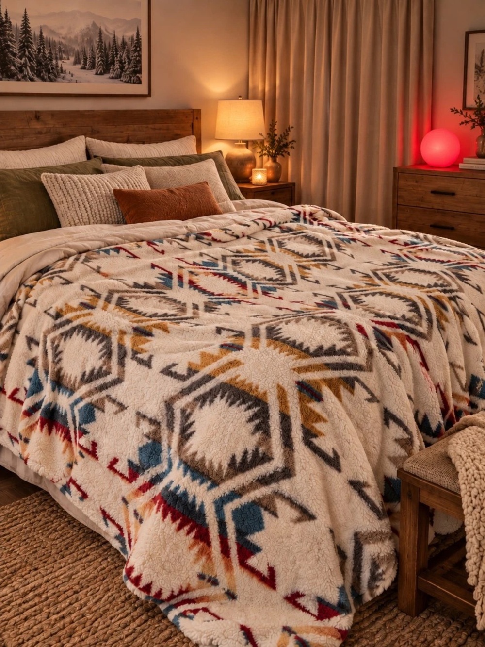 Southwestern Sherpa Throw Blanket - Cream with Multicolor Pattern QUEEN